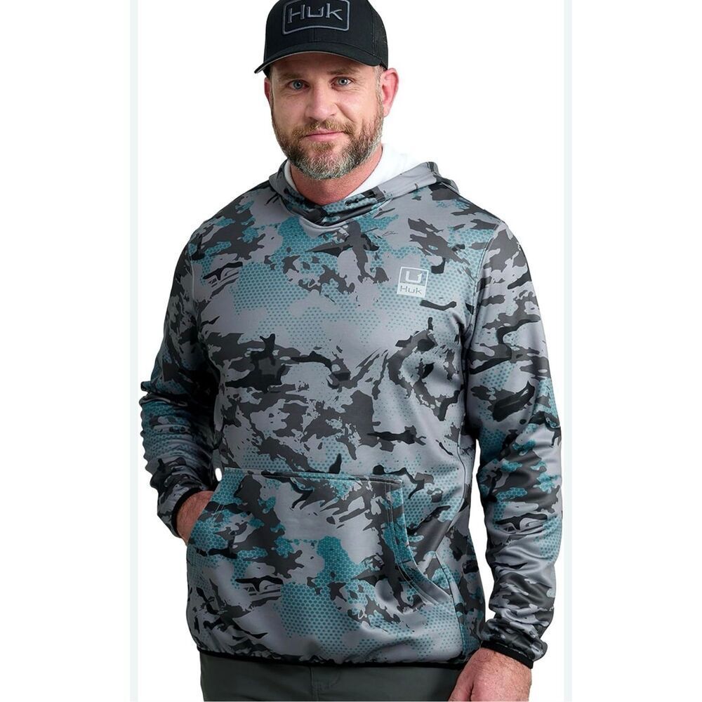 Huk Coldfront+ KC Printed DriFit Anglers Fishing Hoodie Night Owl Small
